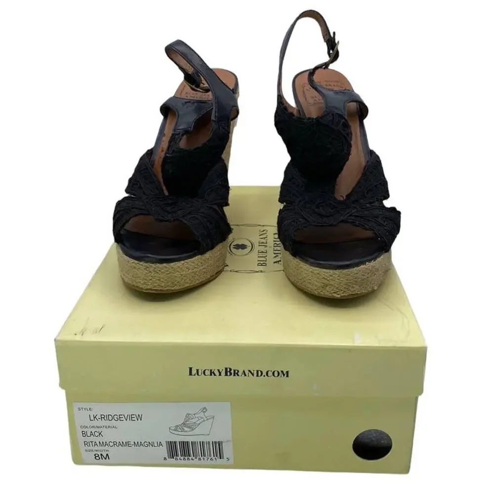 Lucky Brand Ridgeview Rita Black Macrame Lace Platform Wedge Sandals 8M Box